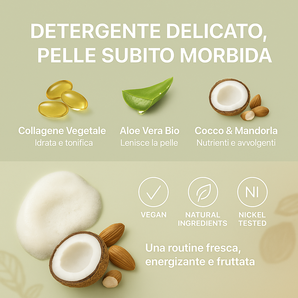 Bagnodoccia delicato Cocco e Mandorla. Ingredienti naturali e texture cremosa per una pelle subito morbida.