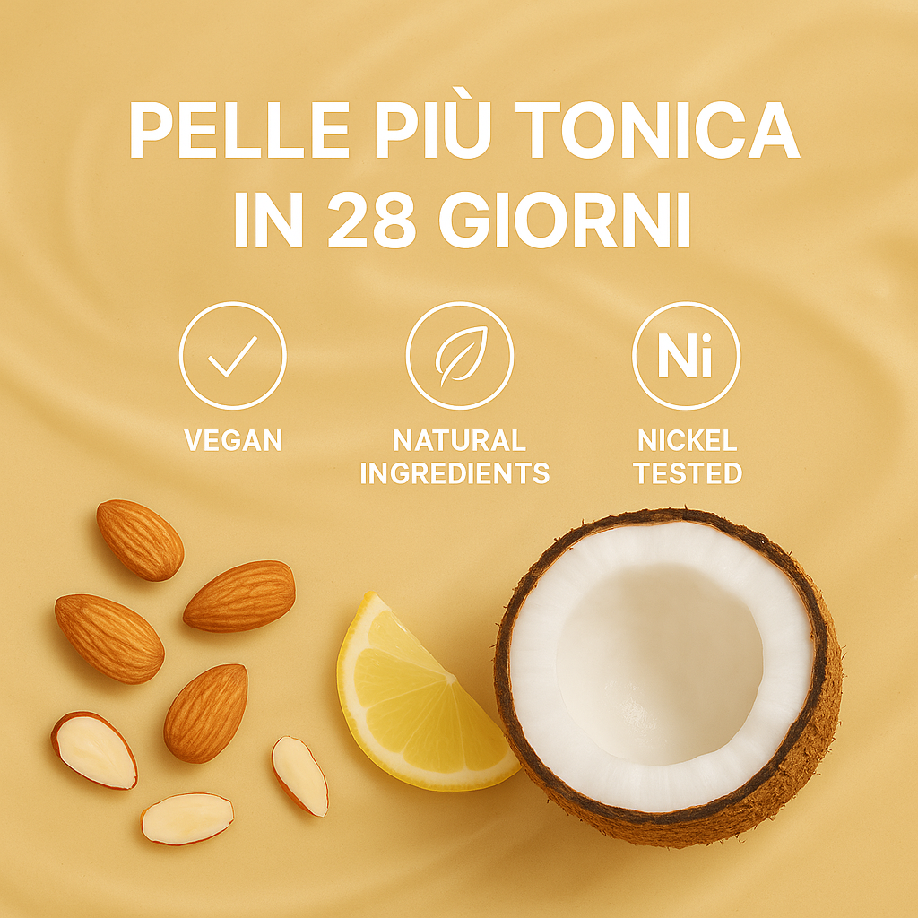 Pelle più tonica e nutrita in 28 giorni con cocco e mandorla. Formula vegan e testata.