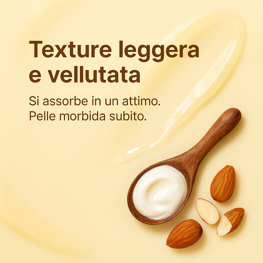 Texture leggera e nutriente della body jelly Cocco e Mandorla. Assorbimento rapido e pelle vellutata.