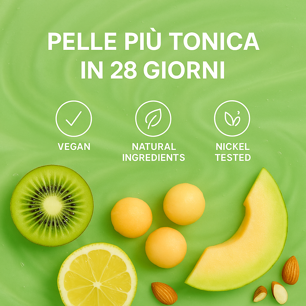 Pelle più tonica in 28 giorni con kiwi e melone. Formula vegan, naturale e testata al nickel.