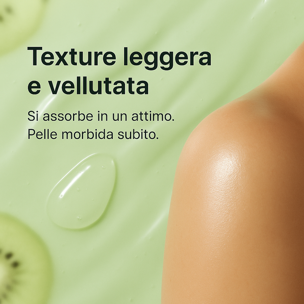 Texture fresca e vellutata della body jelly Kiwi e Melone. Si assorbe subito e lascia la pelle morbida.