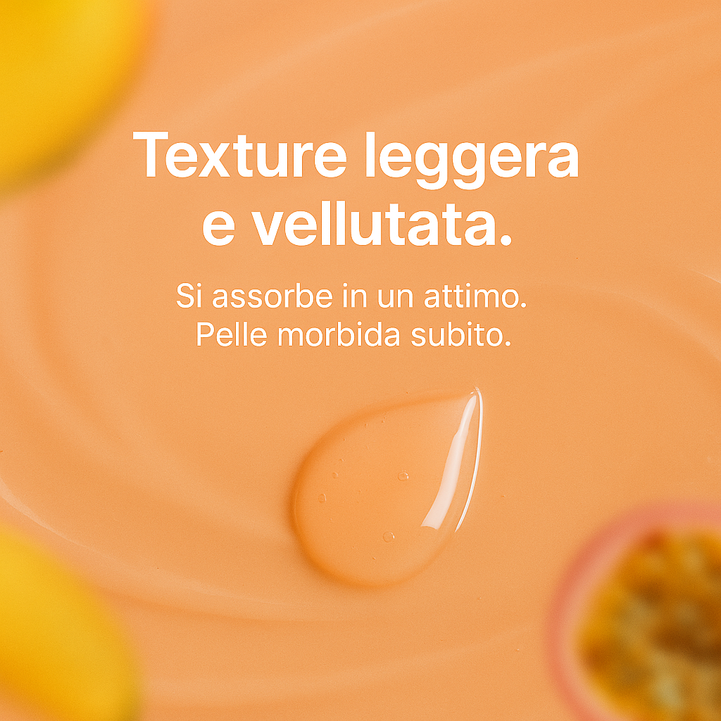 Texture fresca e vellutata della body jelly Mango e Passion Fruit. Pelle più liscia al primo tocco.