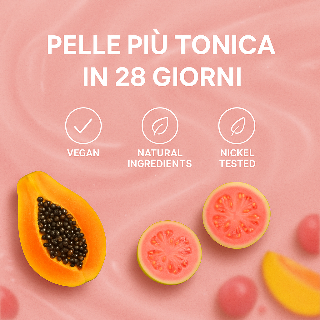 Pelle più tonica in 28 giorni con papaya e guava. Profumazione esotica, formula vegan e testata.