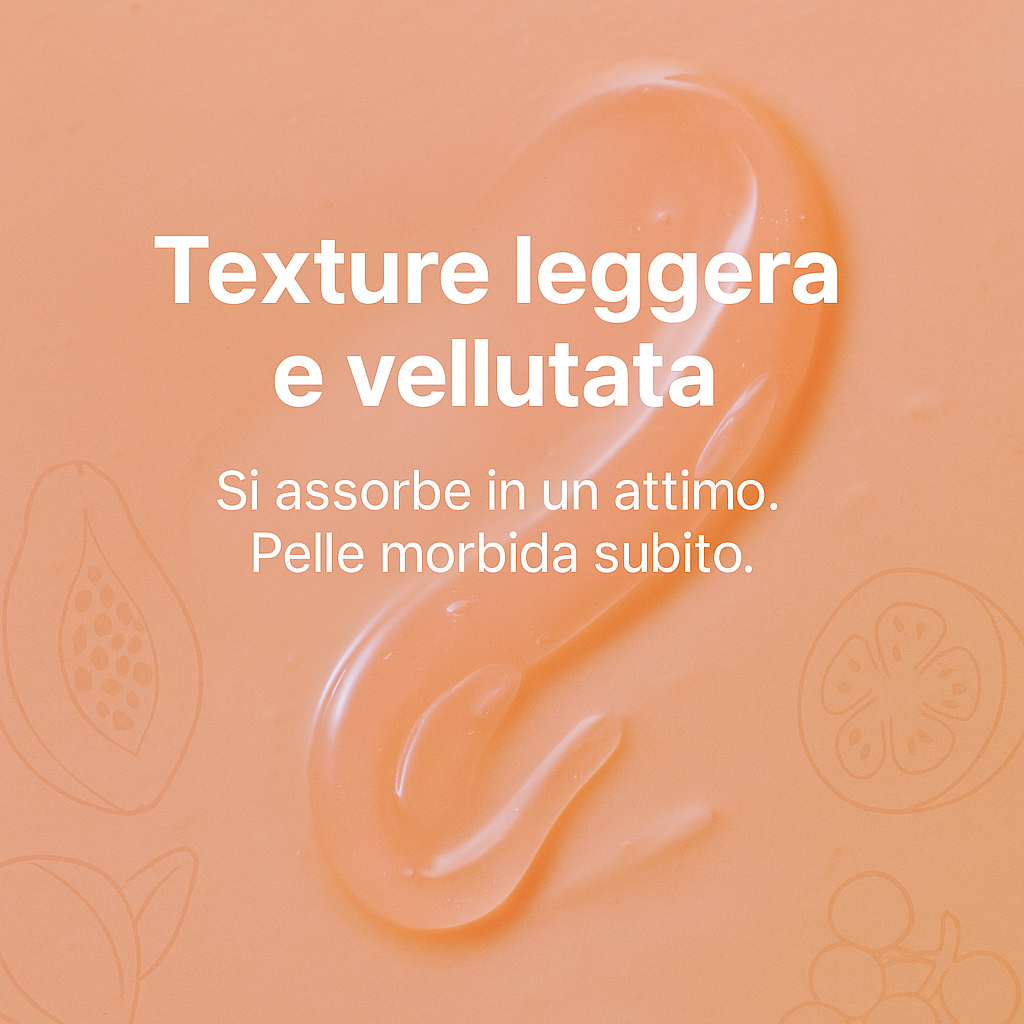 Texture soffice e tropicale della body jelly Papaya e Guava. Si assorbe subito, pelle più morbida.
