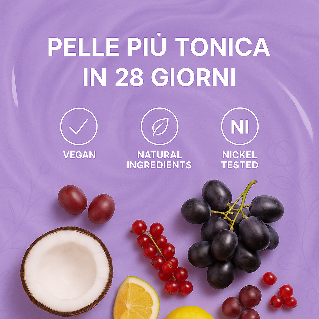 Pelle più tonica in 28 giorni con uva e ribes. Formula vegan, naturale e testata al nickel.