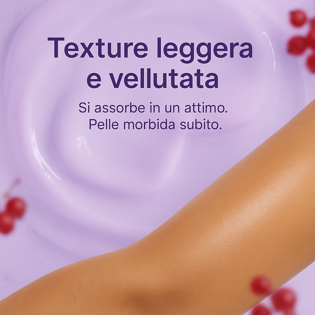 Texture vellutata e fresca della body jelly Uva e Ribes. Assorbimento rapido e sensazione di morbidezza.